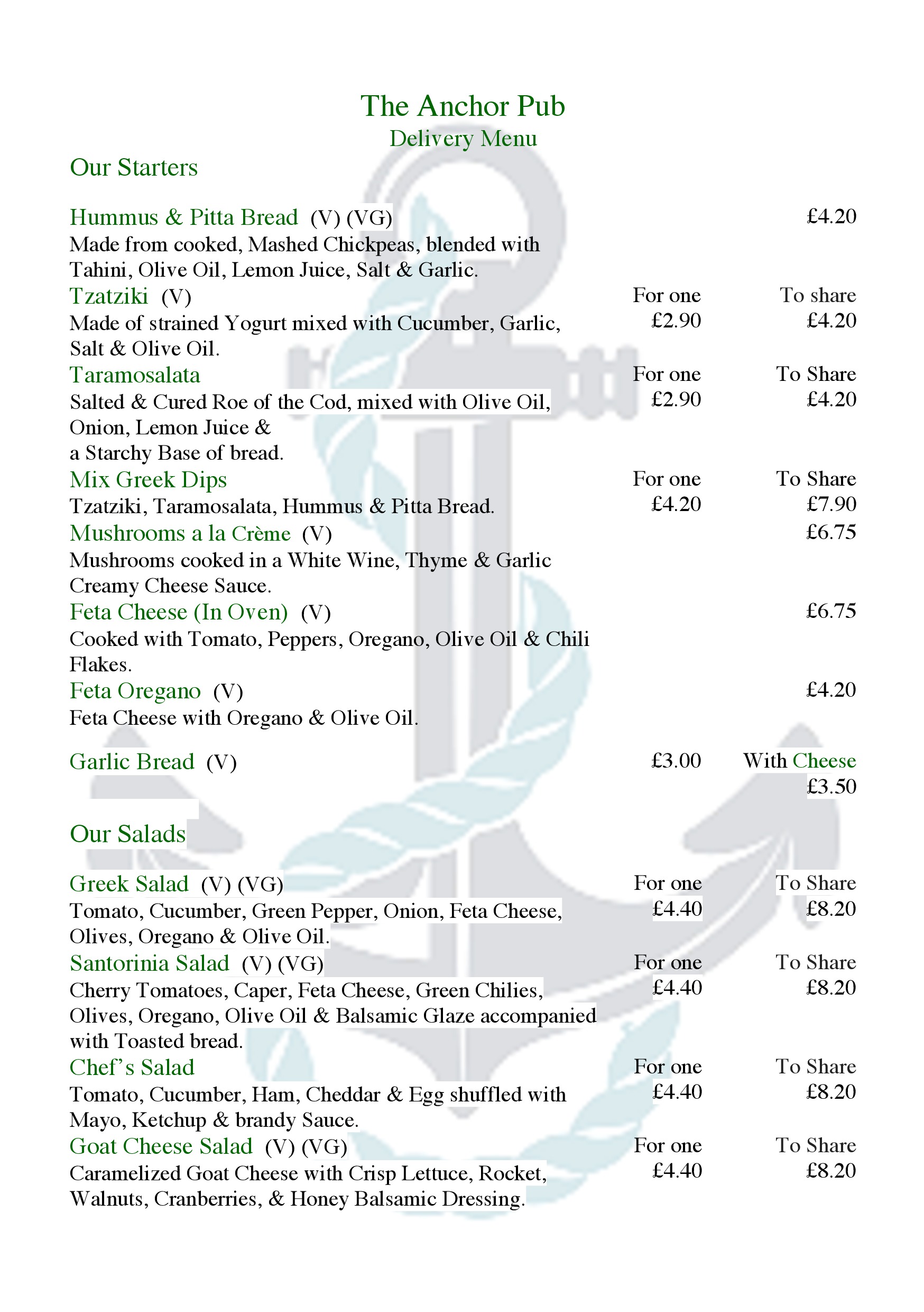 Takeaway & Delivery Service Greek food from The Anchor Tilsworth